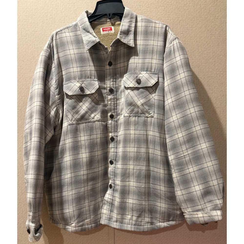 Wrangler Mens Grey Plaid Sherpa Lined Flannel Shirt Jacket XL 112325083